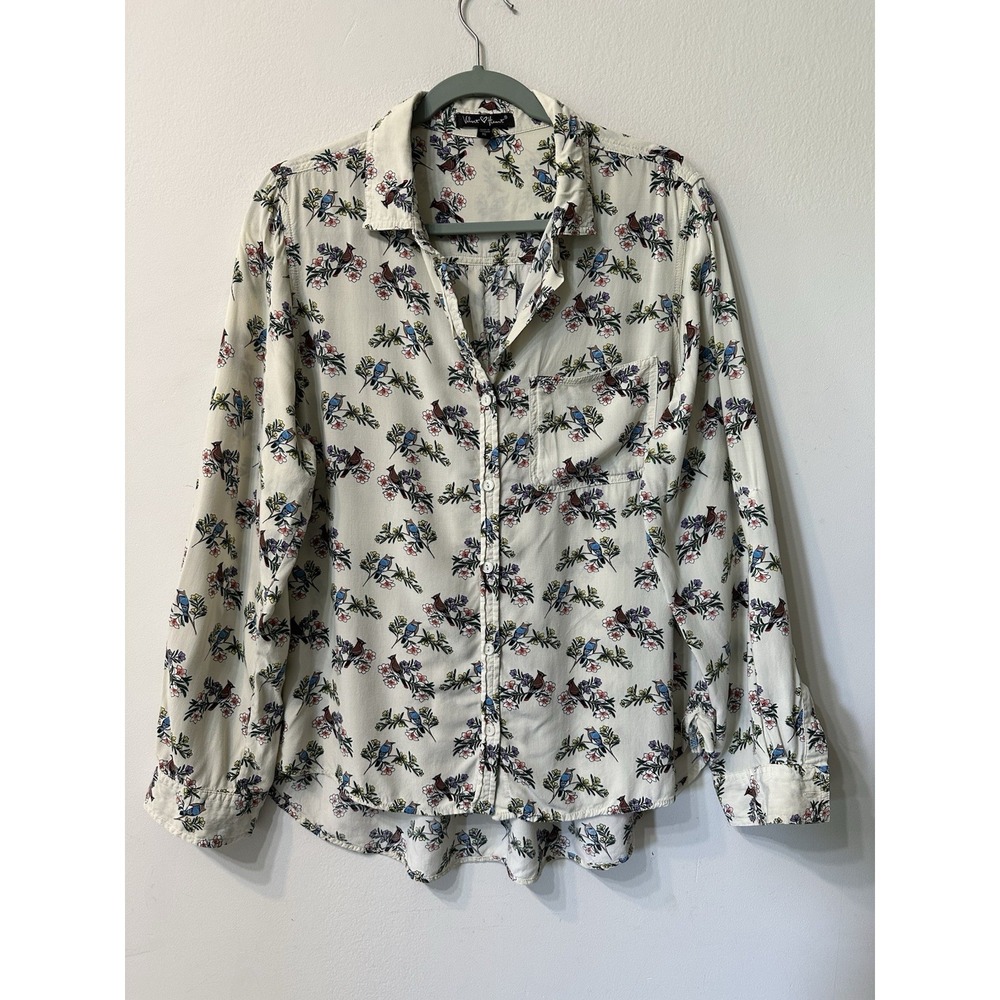 Velvet Heart Bird Print Blouse XL Cream Floral Rayon Button Down Shirt Womens